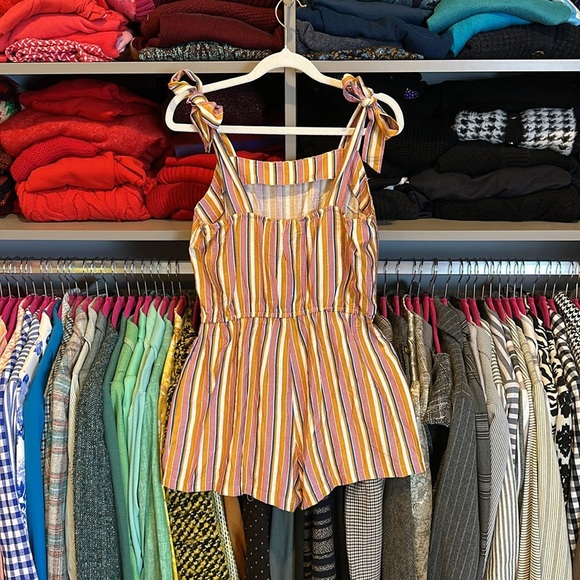 Modcloth mustard/pink striped tie strap elastic waistband romper size S NWT - Picture 3 of 3